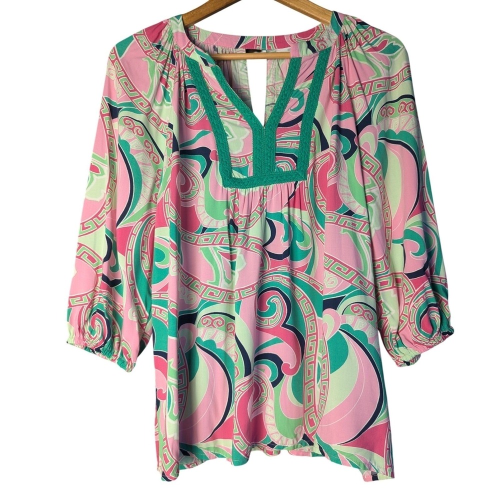 Sm Pink Green Paisley Print Crochet Trim Peasant Top Crown & Ivy Womens Preppy